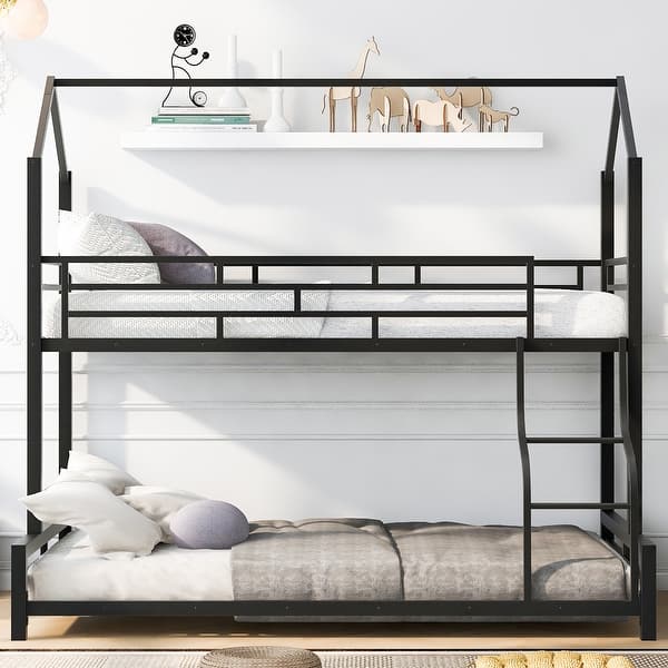 slide 2 of 15, Metal House Bunk Bed, Twin over Full Black