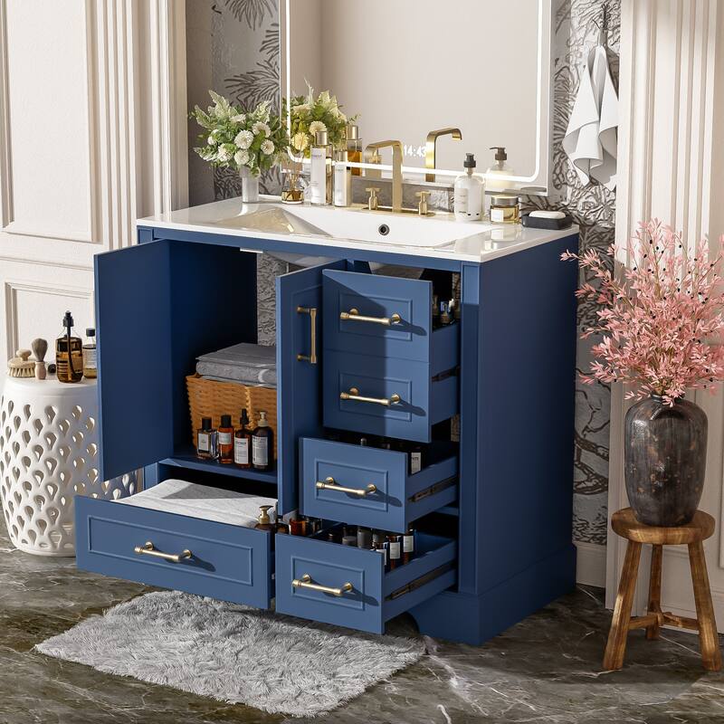 Traditional Bathroom Vanity with Ceramics Sink, Freestanding Cabinet with 3 Side Drawers, Bottom Drawer and 2 Soft Close Doors