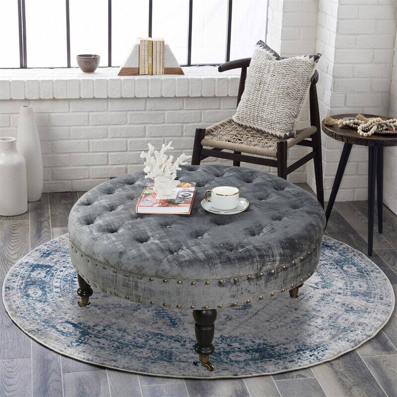 Round Velvet Tufted Coffee Table Ottoman, 34" x 34" x 17" H