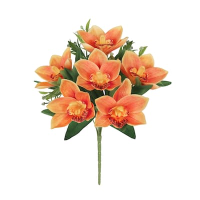 Set of 4 Orange Artificial Cymbidium Orchid Flower Stem Bush Bouquet 13in - 13" L x 8" W x 8" DP