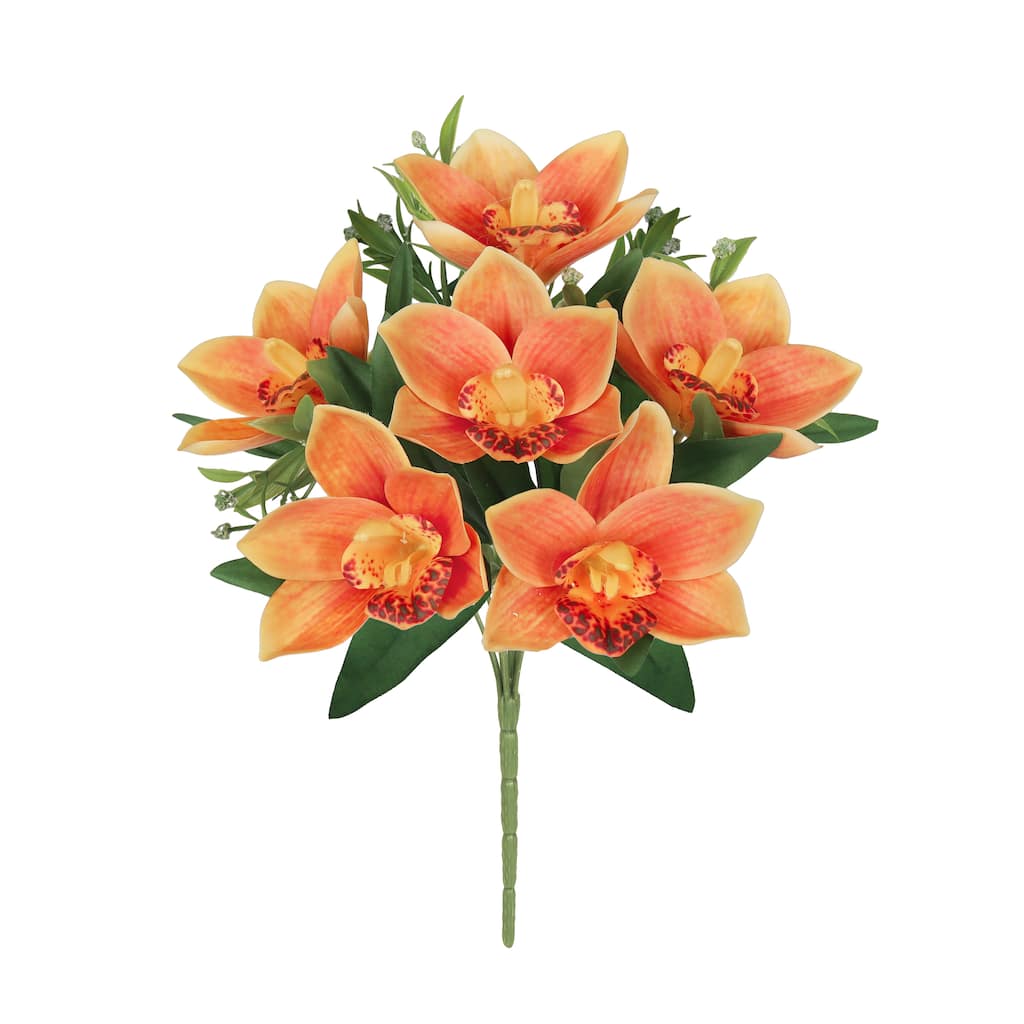 Set of 4 Orange Artificial Cymbidium Orchid Flower Stem Bush Bouquet 13in - 13" L x 8" W x 8" DP