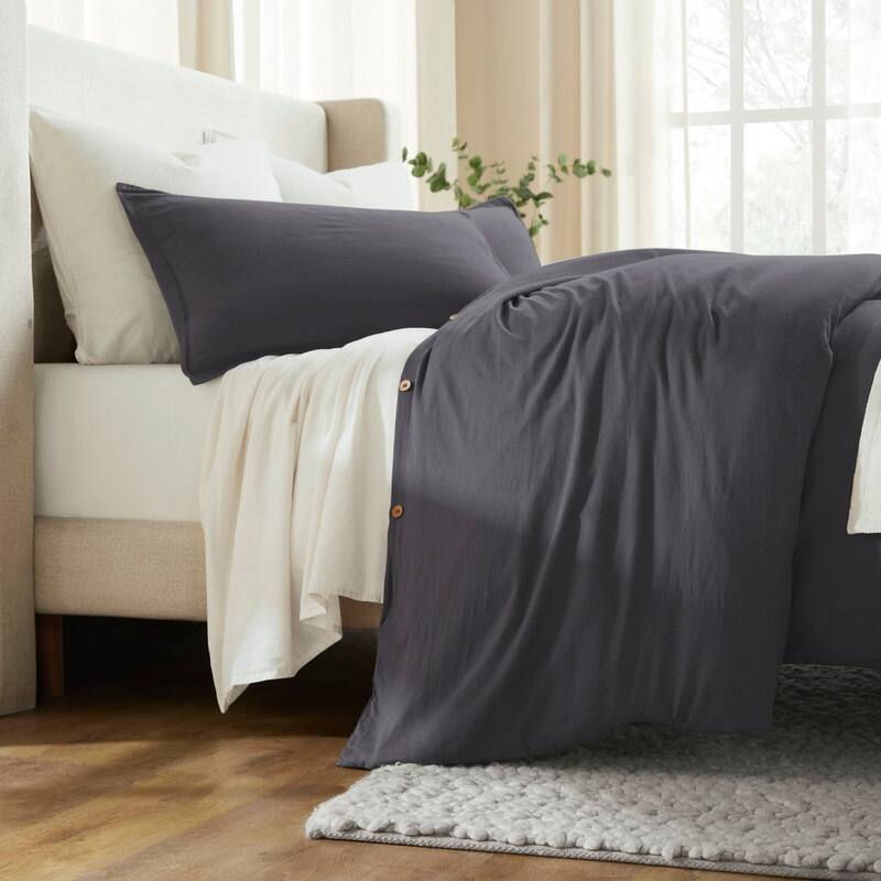 Superior Chloe 100% Cotton Percale Linen Texture Duvet Cover Set - Plum - Full - Queen