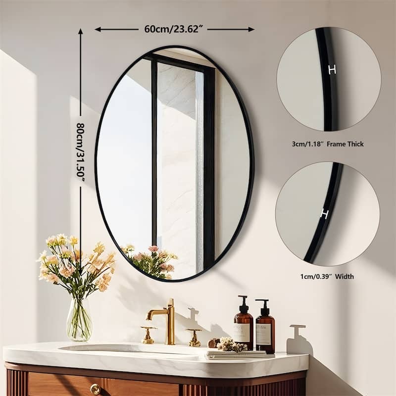 Oval Wall Mirror Black Frame Bathroom Vanity Mirror Vertical Hanging Makeup Mirror for Bedroom
