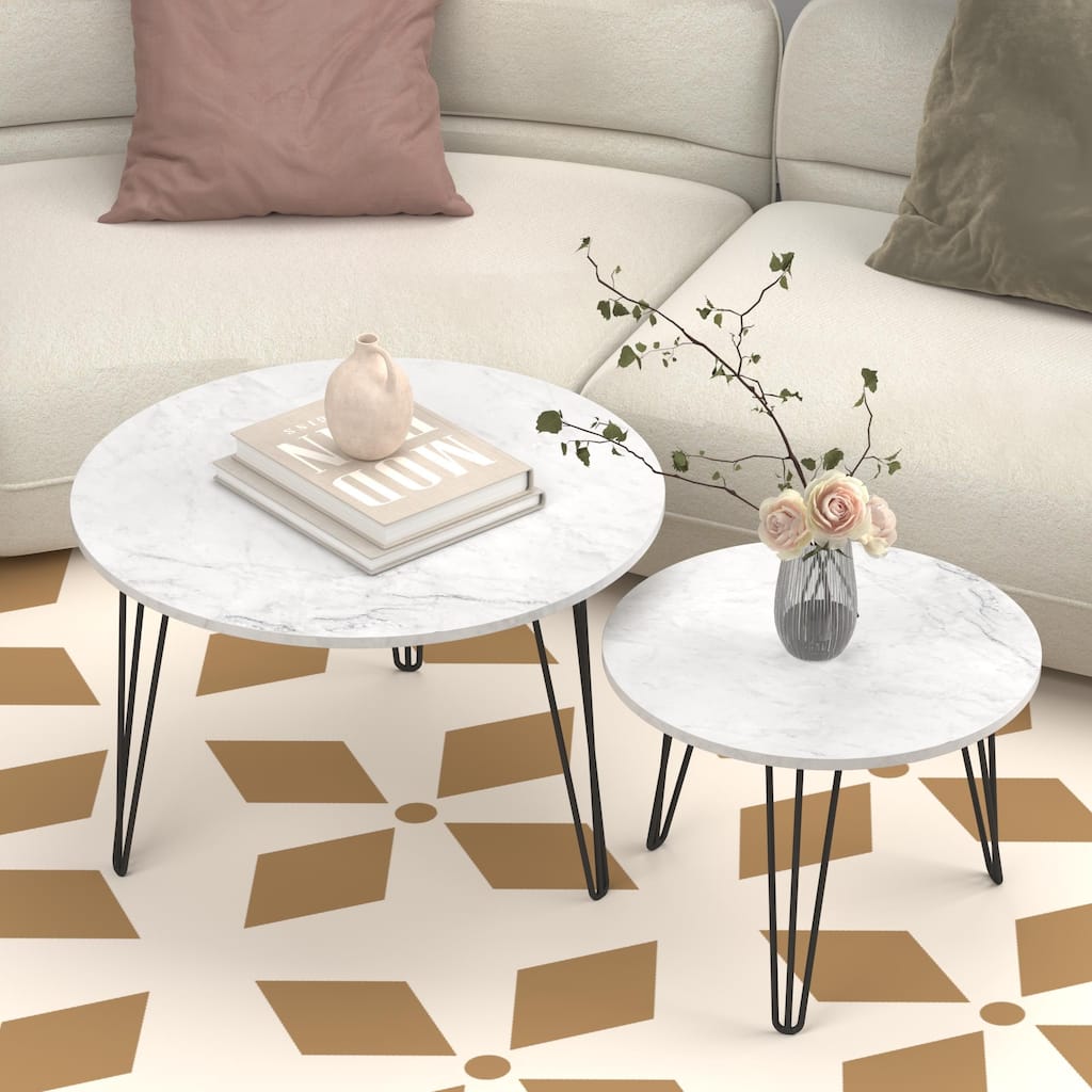 Round Nesting Table End Table White Sofa Side Table Set of 2