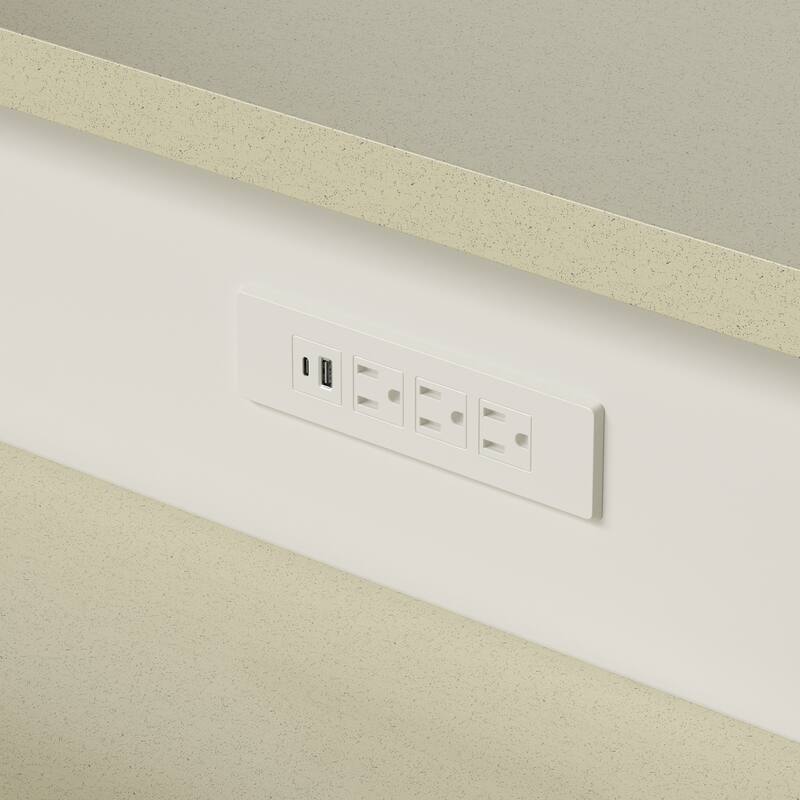 78.7" Kitchen Island with Faux Stone Top & Power Outlet Storage Cabinet with Drawers & Doors, Farmhouse White Kitchen Island