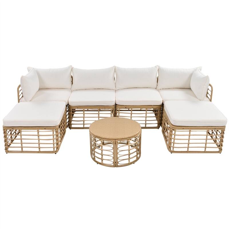 7 Pieces Outdoor Patio Furniture Set with Coffee Table, All-Weather Rattan Sectional Sofa Set with Thick Cushions and Pillows