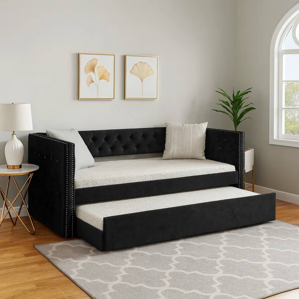 Trace Trundle Daybed, Black Fabric Upholstery, Chesterfield, Nailhead Trim