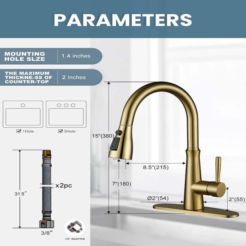 WOWOW Single Handle 3-Mode Pull Out Sprayer Kitchen Faucet