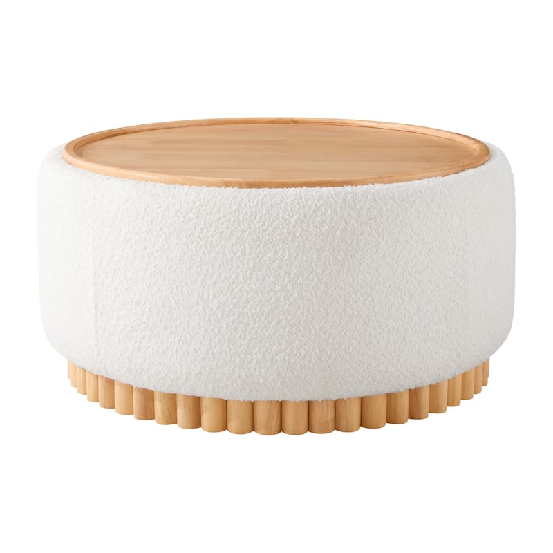 Roomfitters 29 Inch Round Storage Ottoman with Reversible Wooden Tray Top, Upholstered Coffee Table for Living Room