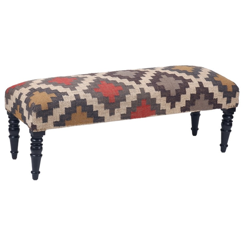 Handmade Kilim Upholstered Wooden Bench (India) - 48" W x 16" L x 18" H