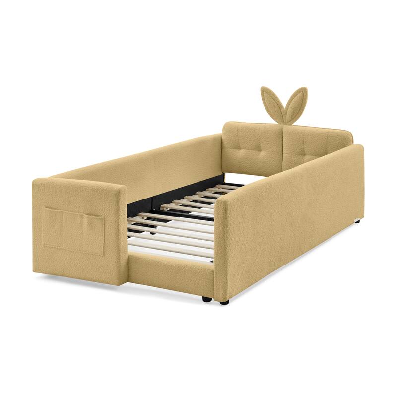 Twin Upholstered Platform Bed with Bunny Ear Headboard, Safety Rail & Pocket in Boucle Fabric