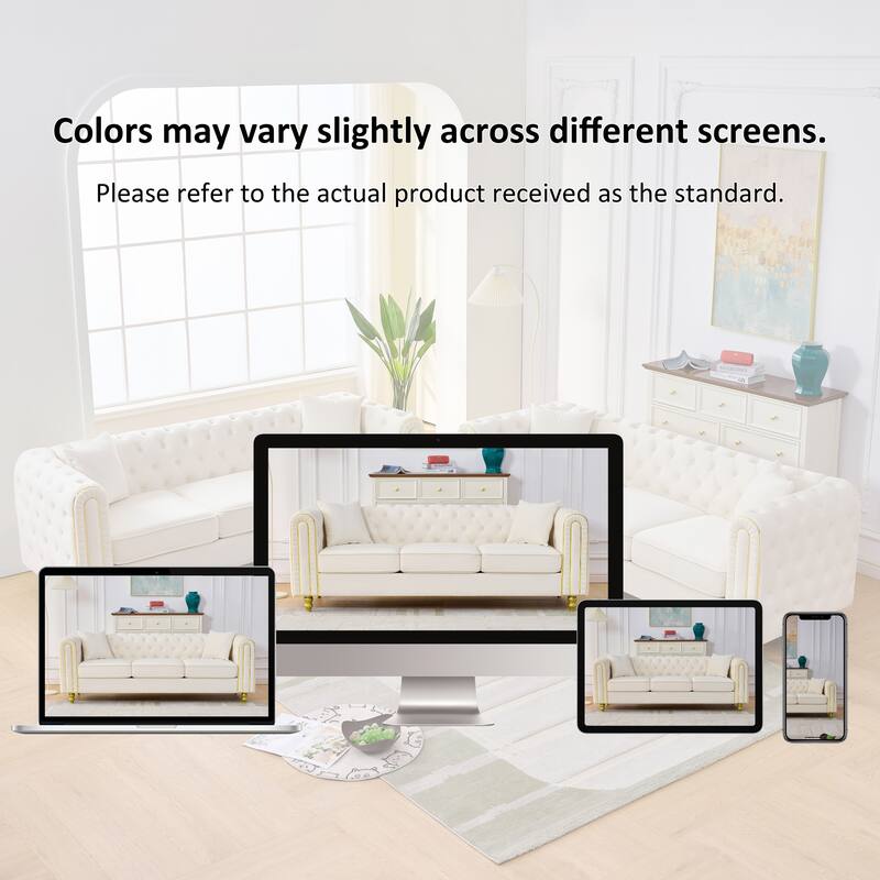 Roomfitters 86" Modern Upholstered Chesterfield Tuxedo Sofa with Gold Trim, Button Back 3-Seater Couch for Living Room