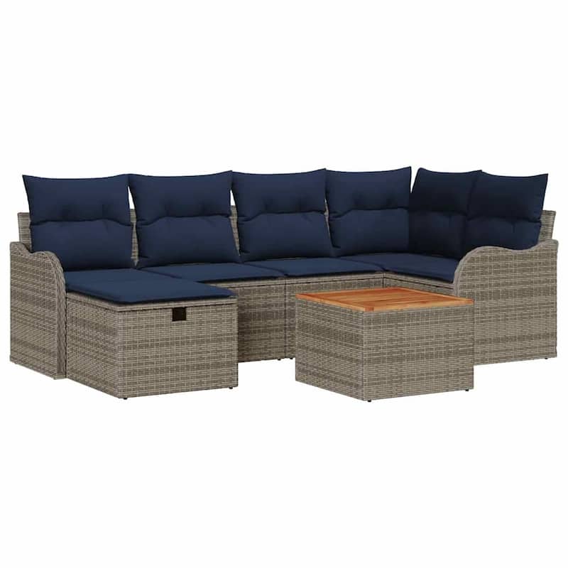 vidaXL 7 Garden Sofa Set with Cushions Black/Grey Poly Rattan - 91.5 x 48.2 x 27.2