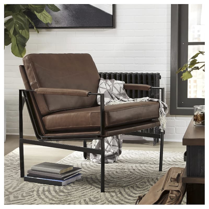 Signature Design by Ashley Puckman Mid Century Modern Leather Accent Chair - 29" W x 31.5" D x 34.25" H - Brown