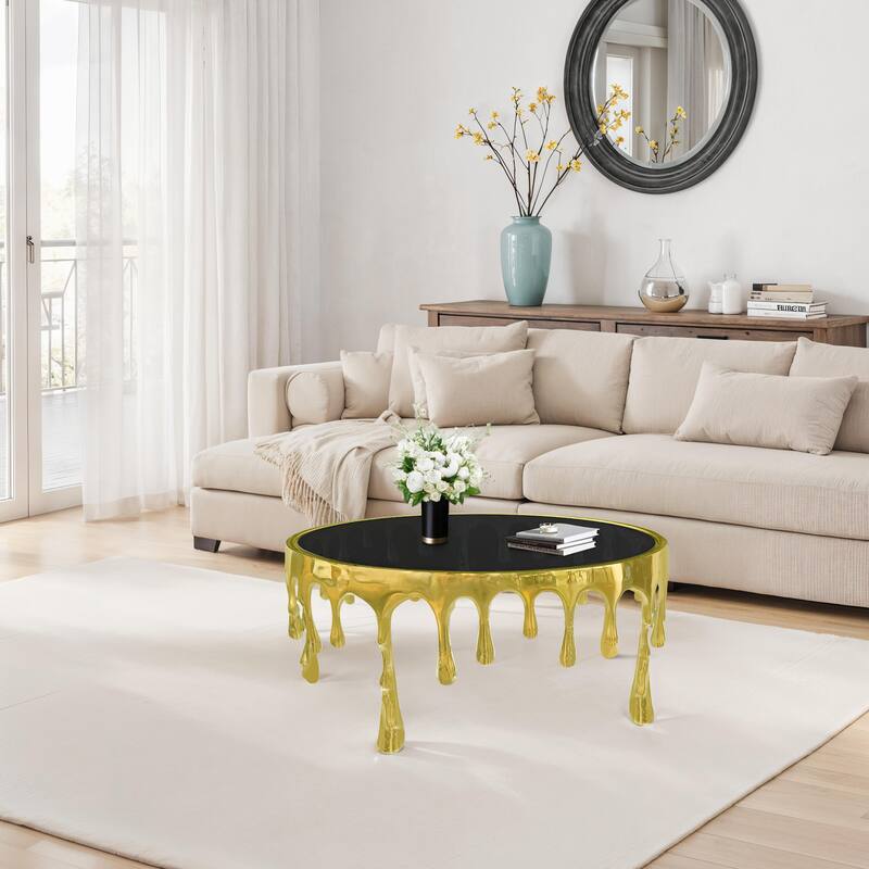 Capri Coffee Table, 36 Inch Round Glass Top, Melting Drip Design, Antique Gold