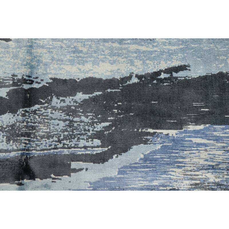 Hand Knotted Oriental Viscose Silk Carpet Modern Pictorial Navy Blue & Blues Abstract Area Rug - 7' 10'' X 5' 8''