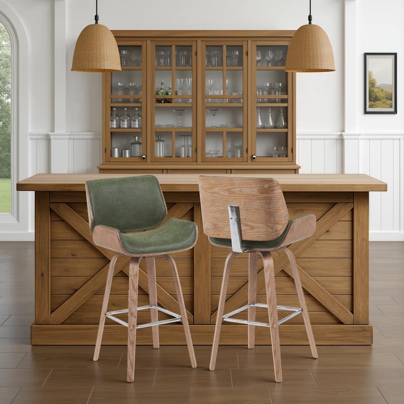 Tyler Mid-Century Swivel Bar Stool, Upholstered Counter Height Chair with Bentwood Legs - Vintage Green & White Wash - Bar Height - Set of 2