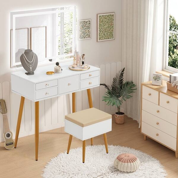 White & Gold Vanity Set with Storage Stool, 5-Drawer Makeup Table & LED Mirror, Small Vanity for Bedroom or Living Room - Bed Bath & Beyond - 42261144 White & Gold Vanity Set with Storage Stool, 5-Drawer Makeup Table & LED Mirror, Small Vanity for Bedroom or Living Room - Bed Bath & Beyond - 42261144