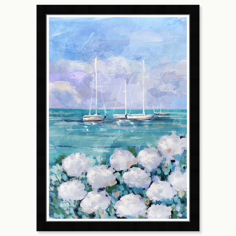 Wynwood Studio Blue Water Front Sails Framed Beachfront Coastal Prints - 15 x 21 - Black