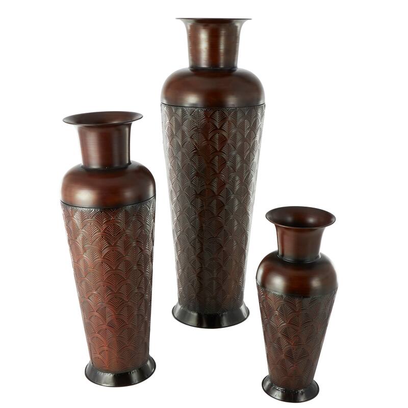 Dark Brown Metal Tall Vase with Geometric Designs (Set of 3)