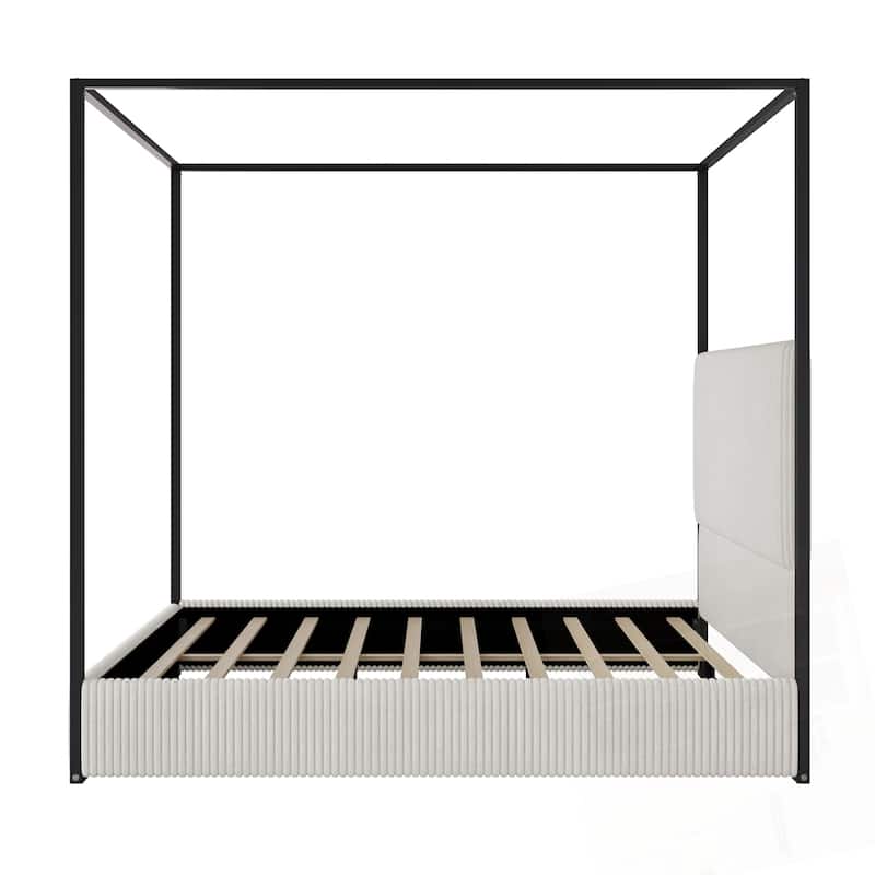 Modern Metal Canopy Bed with Tall Upholstered Headboard and Gold Four Poster