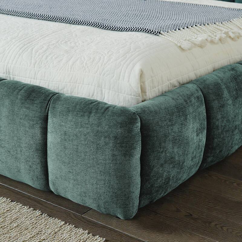 King Upholstered Platform Bed Frame with Thick Chenille Fabric, Grounded Modern Bed with Headboard, No Box Spring Needed