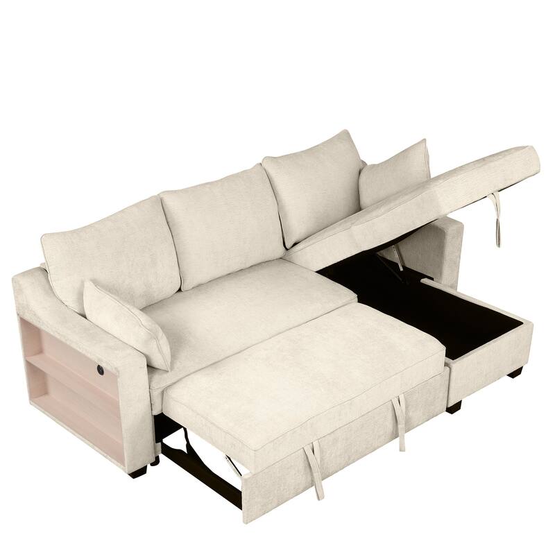 90" Convertible Sleeper Sofa with Storage Chaise, USB Ports, Storage Racks for Compact Spaces