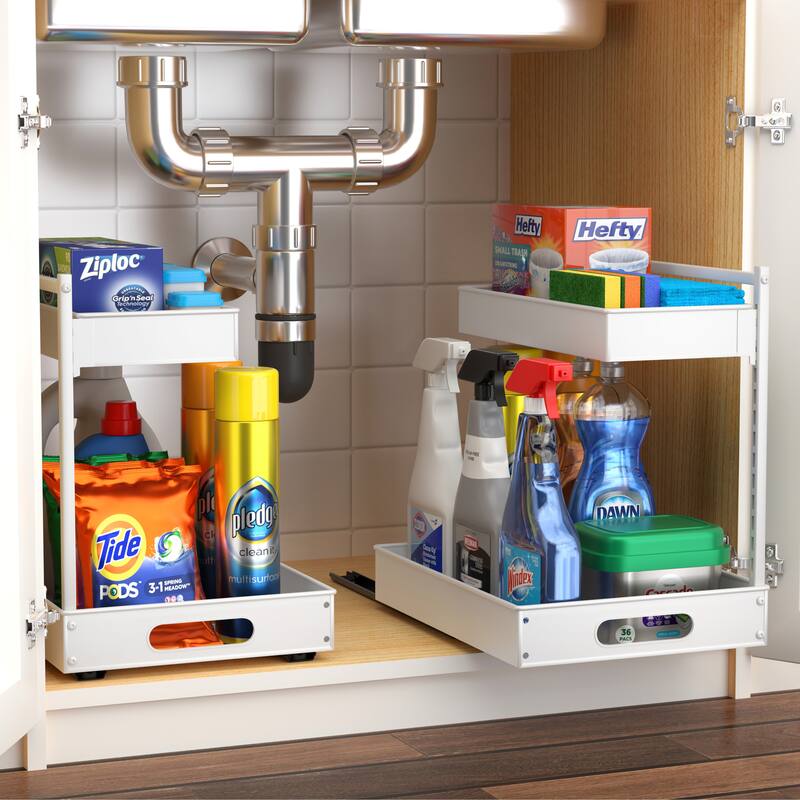 Sorbus Under Sink Organizer with Sliding Tracks and Adhesive Tape, 2-Tier Metal Pull Out Storage Rack - 2 Pack - White