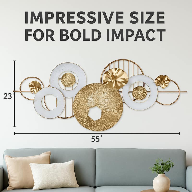 Gold White Multi Ring Metal Wall Art Horizontal Modern Decor 53"x23"
