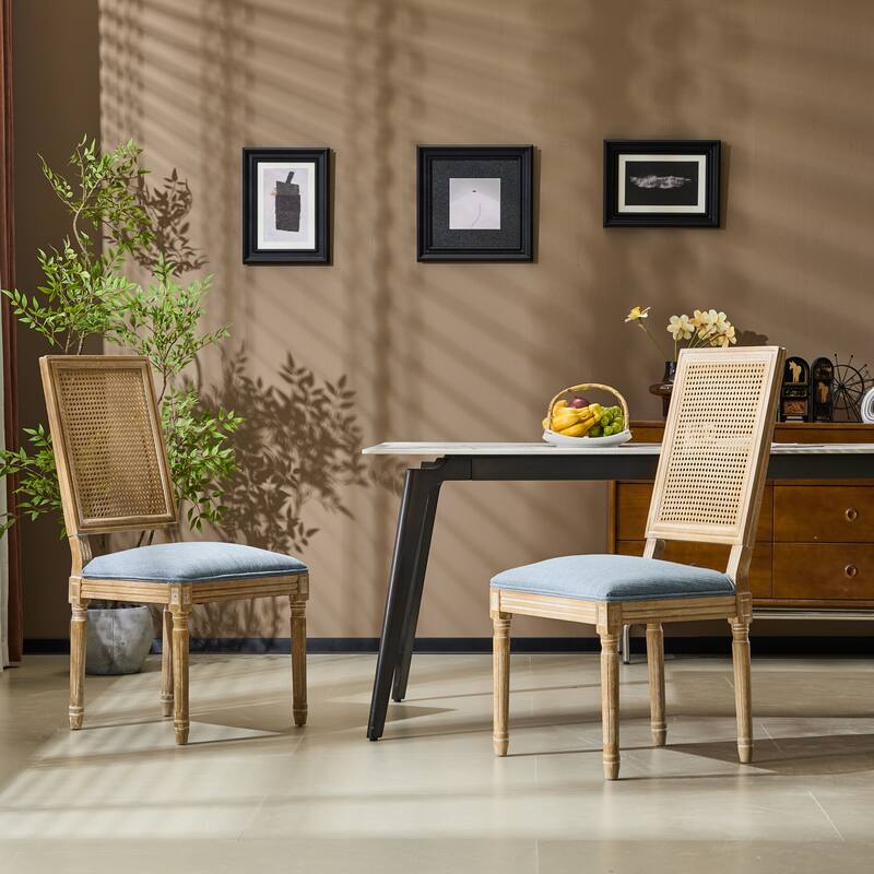 [Set of 2]Dining Chairs -Elegant Cane Backrest & Upholstered Seats with Fluted Legs -Rustic Weathered Finish -Rubberwood Frame