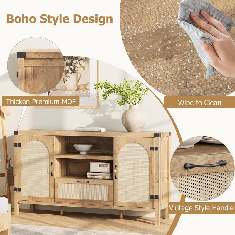 47.2" Boho Rattan Buffet Cabinet with Drawer & Open Shelves, Farmhouse Kitchen Sideboard for Dining or Living Room