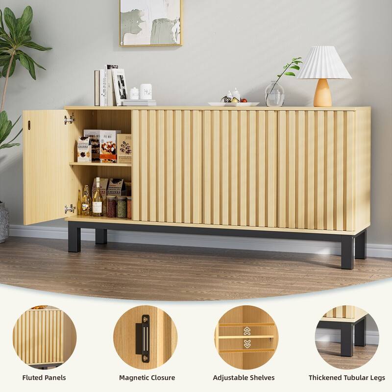 Fluted Sideboard Buffet Cabinet with 4 Doors, Modern Storage Credenza with Adjustable Shelves for Dining Room & Entryway