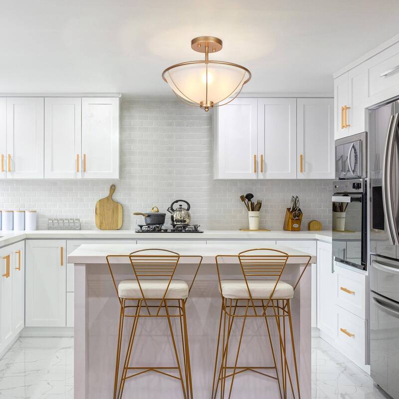 Mid-Century Modern 3-Light Gold Semi-Flush Mount Ceiling Frosted Glass Light for Kitchen - 13" D x 11" H