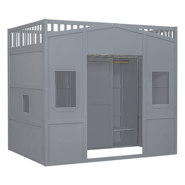slide 2 of 20, Full Size Wood House Loft Bed with Ladder and Wardrobe, Grey Grey - Full