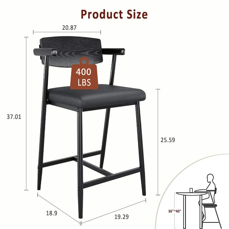 26" Counter Height Bar Stools Set of 2/4 with Arms, 2PCS/4PCS Modern Bar Stools Set with Back & Upholstered Wider Seat