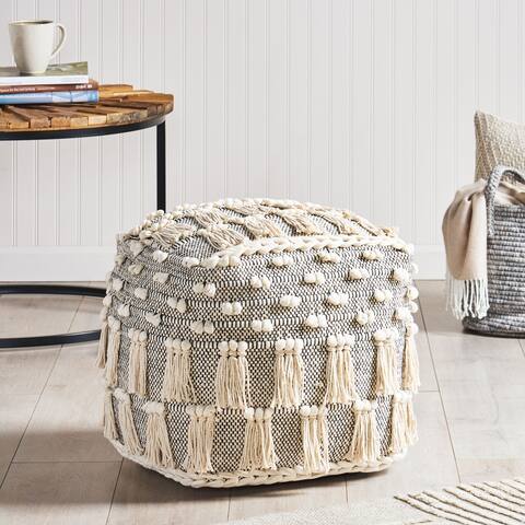 Hawley Handcrafted Boho Fabric Cube Pouf with Tassels by Christopher Knight Home