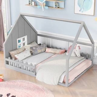 Full Size Pine Wood House Kids Bed Frame with Window and Fence for Bedroom, Sturdy Pine Construction, Easy Assembly, Grey