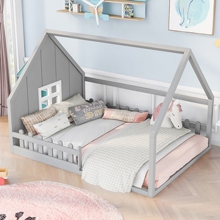 Wood House Bed with Window and Fence