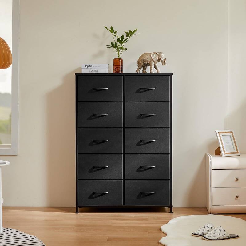 10-Drawer Chest of Drawers for Bedroom, Tall Chest Organizer Tower Dressers with Wooden Top - Black