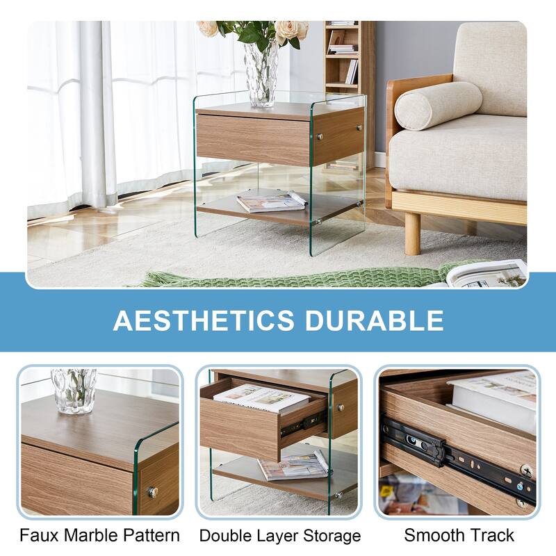 17.7" Modern Square Coffee Table with 1 Drawer and Tempered Glass Legs for Living Room