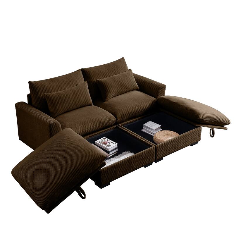 Corduroy Loveseat Sofa Couch with Storage Ottomans, Modern Sectional 2 Seater Sofa with Deep Seat, Pillows for Small Spaces