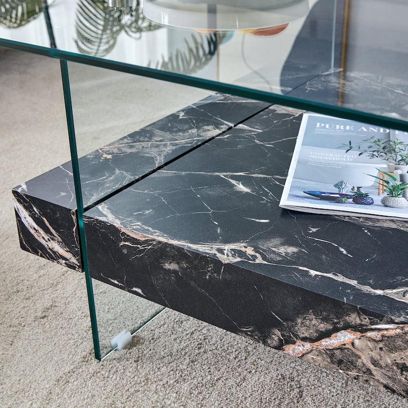 Roomfitters Square Glass Coffee Table with Walnut Finish, Two-Tier Modern Accent Table for Compact Spaces