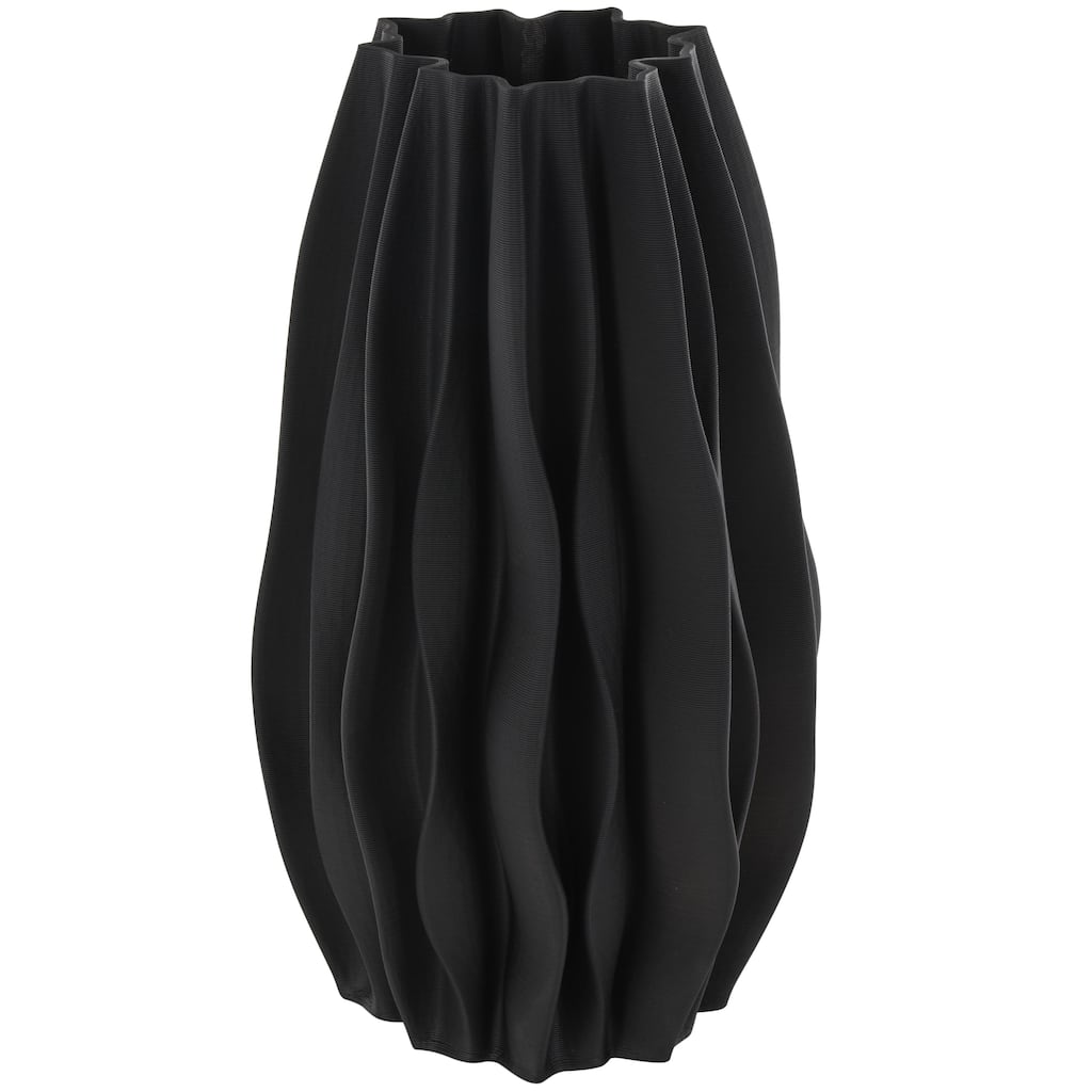 Ceramic Abstract Dimensional Wavy Ribbed Decorative Vase with Floral Shaped Rim - Black - Roche River Decor