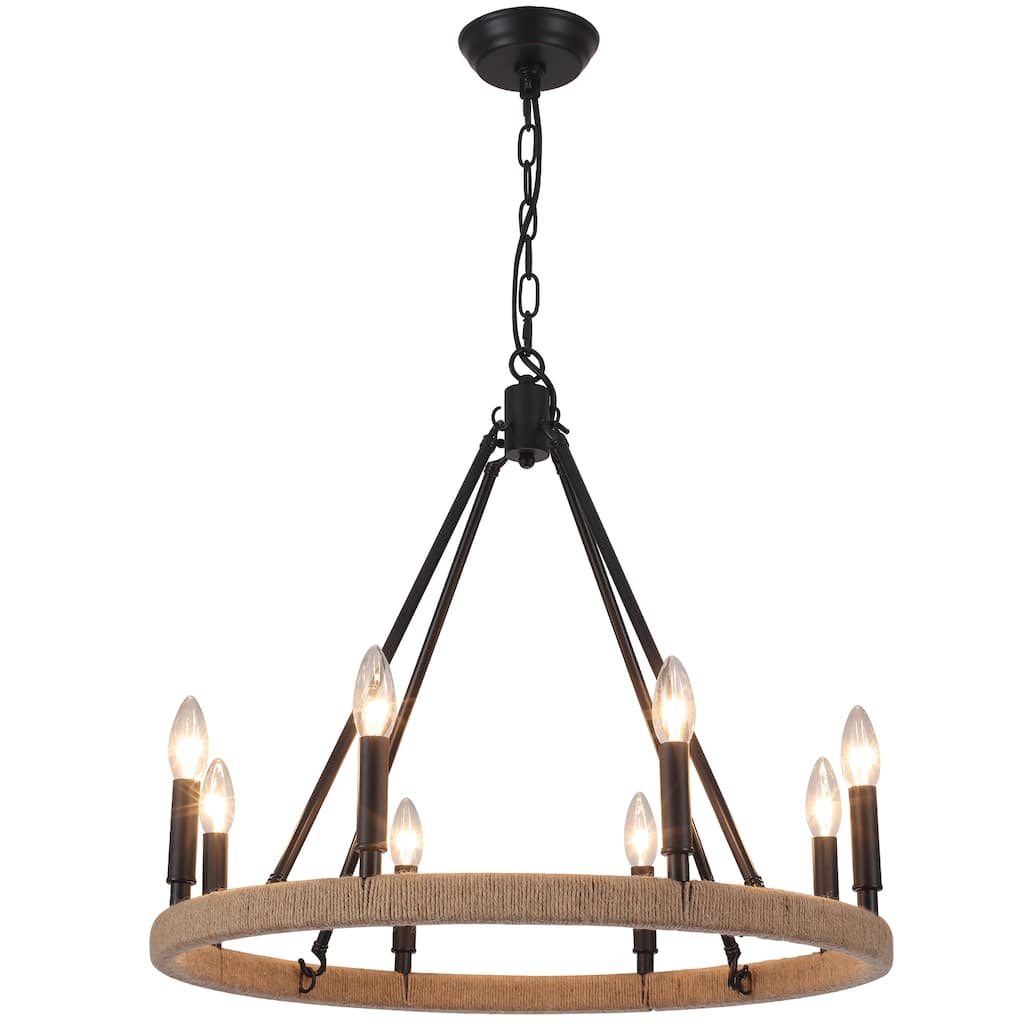 8-Light Hemp Rope Candlestick Wagon Wheel Chandelier Linear Chandelier Lighting for Kitchen Island