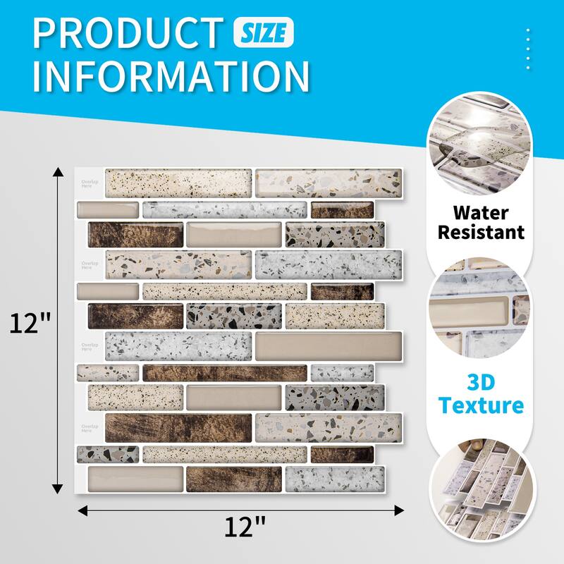 Art3d Peel and Stick Kitchen Backsplash Self-Adhesive Wall Tile in Stone Design,10-sheet