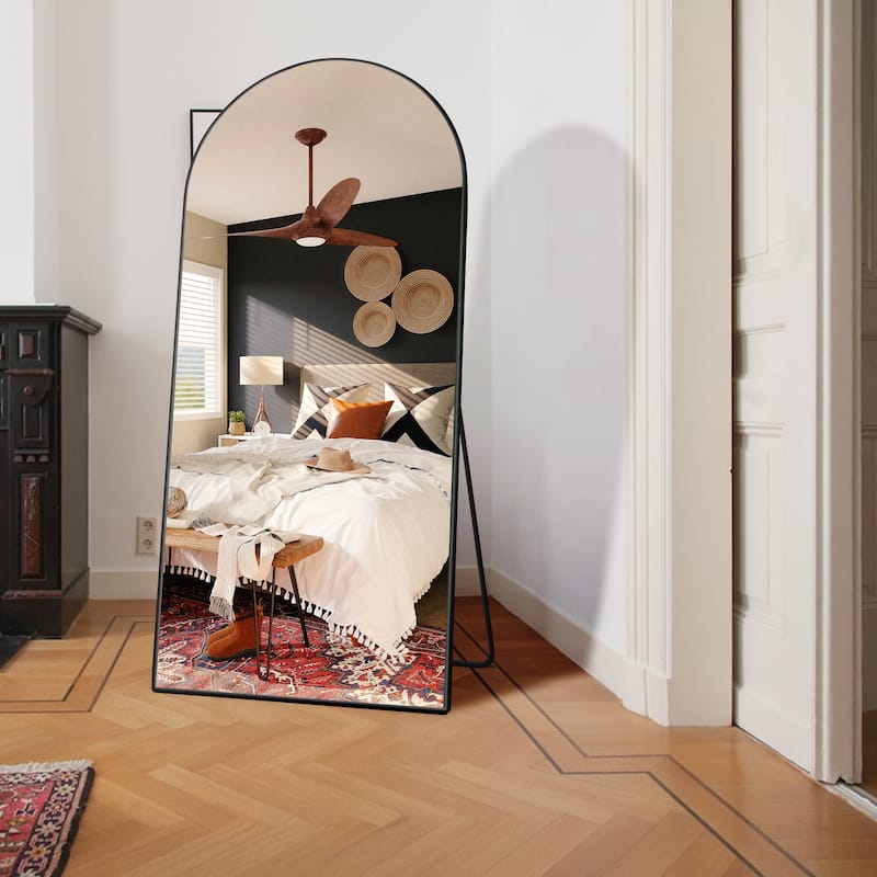 Arched Floor Mirror With Stand,Wood Frame Full Length Mirror,Wall-Mounted Mirror