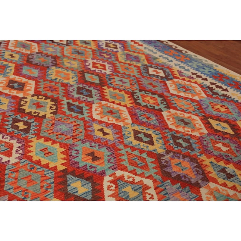 Geometric Kilim Oriental Area Rug Hand-Woven Wool Carpet - 8'5"x 11'5"