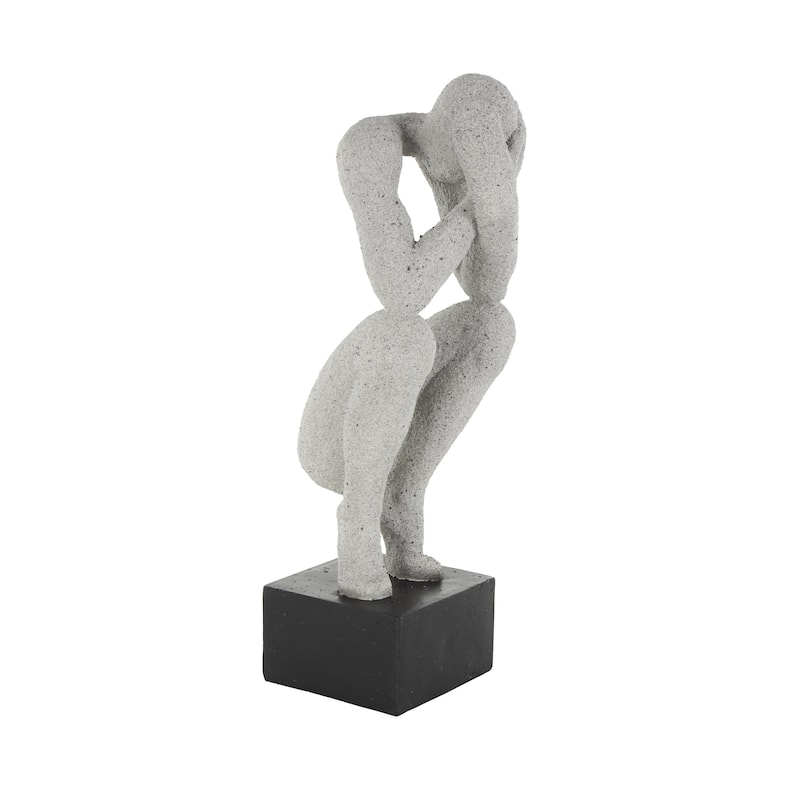 Gray Polystone Crouching People Decorative Sculpture with Black Square Base