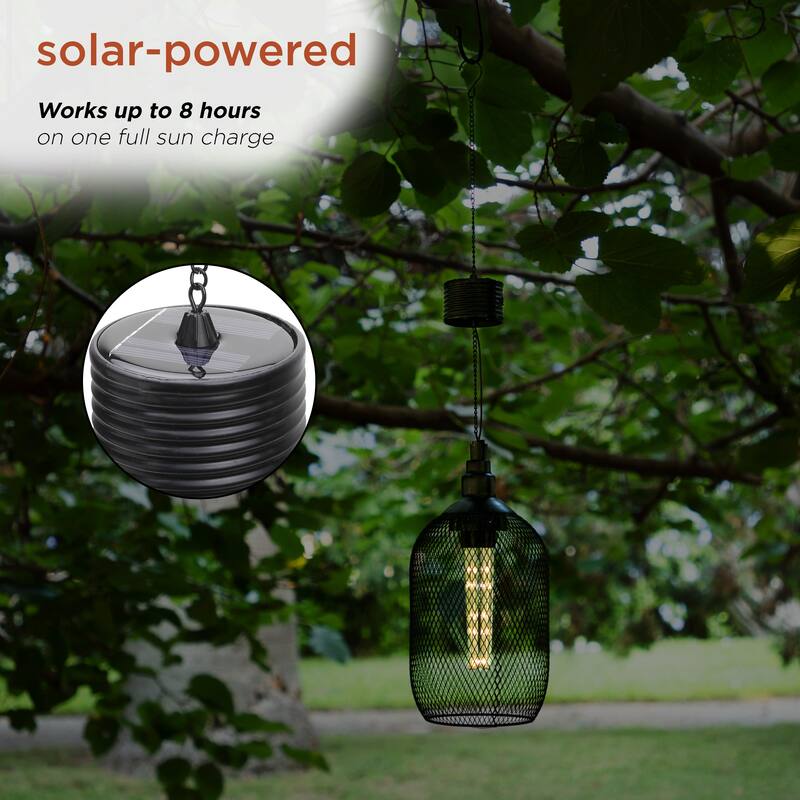 Alpine Corporation 12" Tall Hanging Solar Powered Outdoor Mesh Lantern with LED Lights, Black