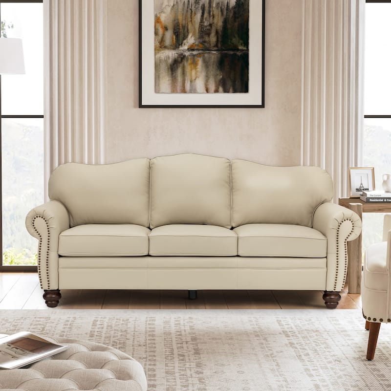 Balvino 81" Wide Transitional Genuine Leather Rolled Arm Nailhead Trim Sofa with Solid Wood Legs and Removable Cushions